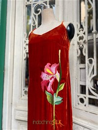 Embroidered velvet two-strap dress